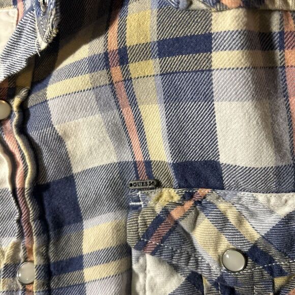 Guess Mens Flannel Button Down Slim Fit Coupe Serree Shirt Western Pearl Snap L - Picture 7 of 9